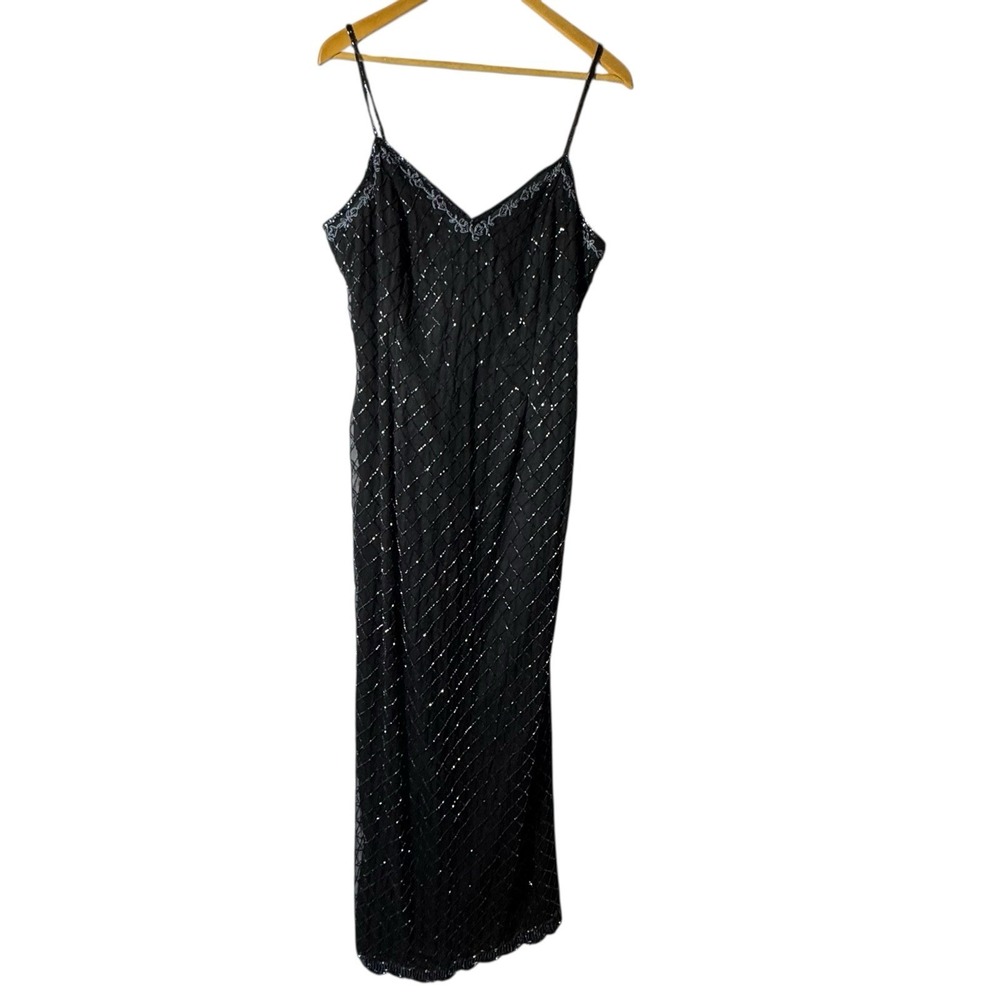 Vintage 90s Stenay Beaded Slip Silk Dress Sz 10 Maxi Gown Formal Glam Minimal